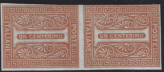 F6_147 - 1863 - De La Rue tiratura di Londra, prova non dentellata su carta filigranata del c. 1 nel colore rosso mattone, coppia verticale (L14, prova).