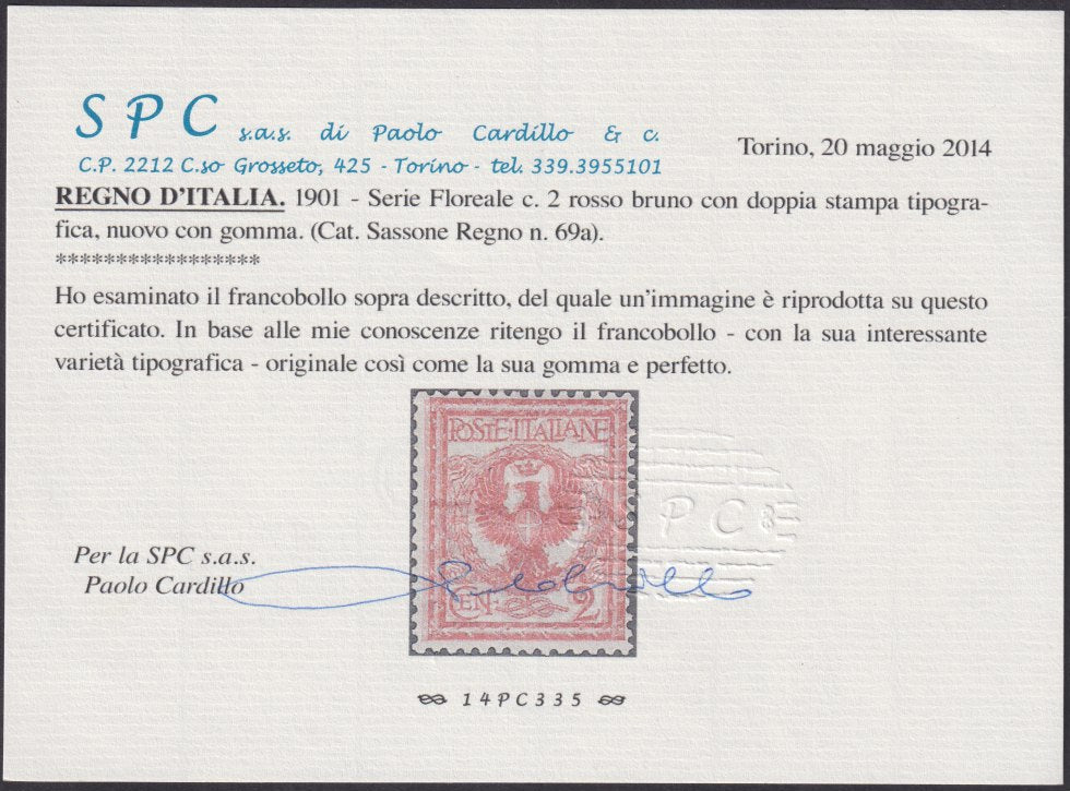 F6_155 - 1901 - Floreale c. 2 rosso bruno esemplare con doppia stampa, nuovo con gomma originale. (69a).