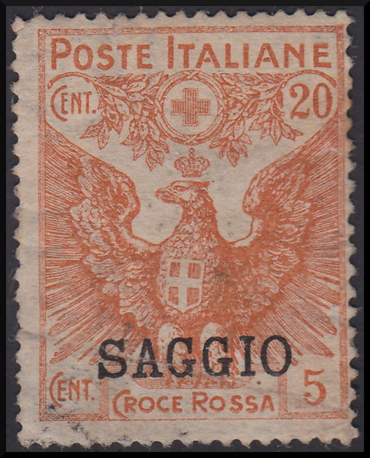 RN91 - 1915/16 - Croce Rossa 20 + 5 centesimi arancio esemplare nuovo con gomma e soprastampa tipografica SAGGIO. (105, saggio).