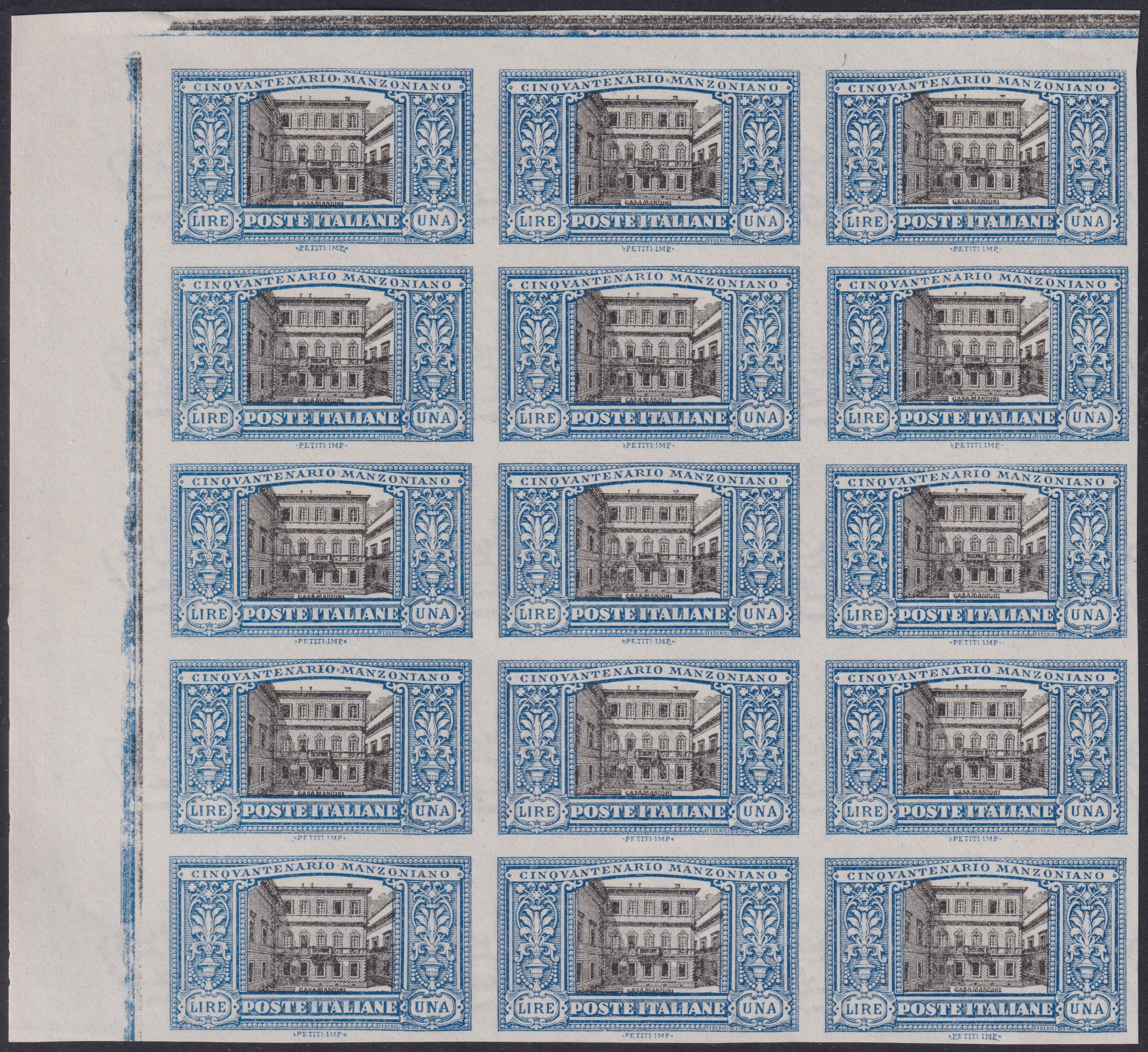 F6-166- 1923 - Fiftieth anniversary of the death of Alessandro Manzoni, L. 1 light blue not perforated block of 15 new examples not gummed (155d)