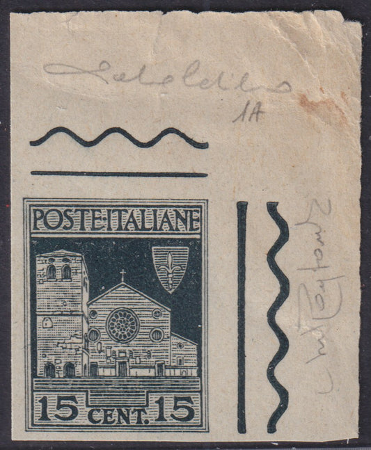 F6_168 - 1929 - Serie Artistica, prova di macchina del c. 15 ardesia nuova non gommata, angolo di foglio in alto a destra. (1A, prova). Certificato Raybaudi.