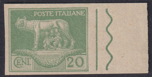 F6_169 - 1929 - Serie Artistica, prova di macchina del c. 20 verde chiaro nuova non gommata, margine di foglio a destra. (2, prova).