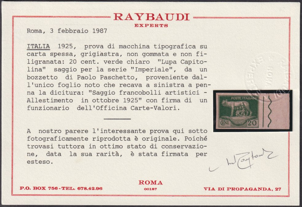 F6_169 - 1929 - Serie Artistica, prova di macchina del c. 20 verde chiaro nuova non gommata, margine di foglio a destra. (2, prova).