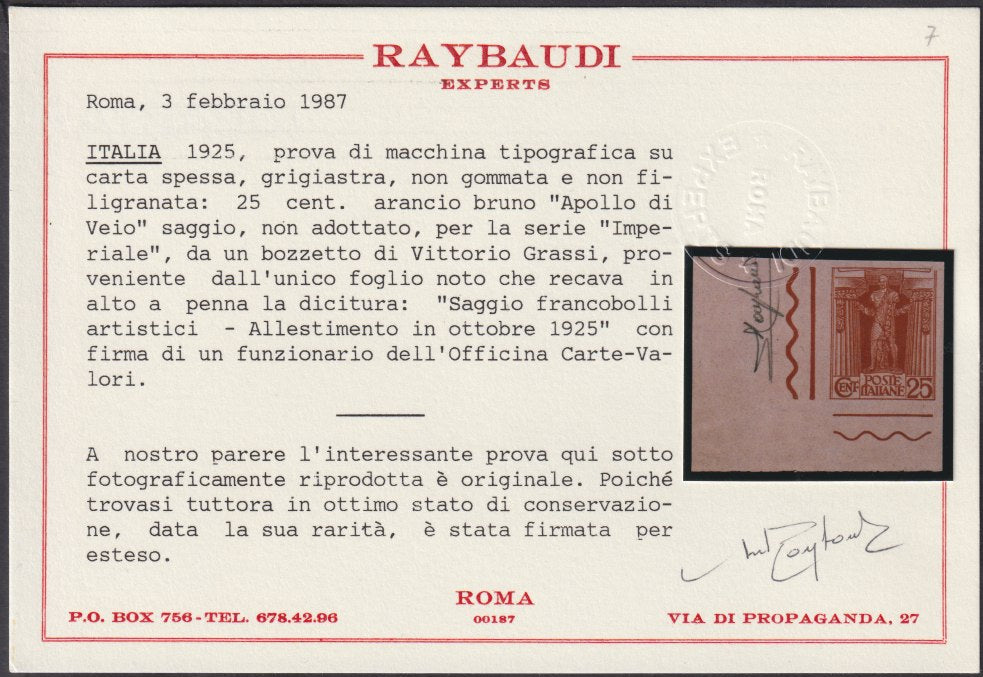 F6_170 - 1929 - Serie Artistica, prova di macchina del c. 25 arancio nuova non gommata, angolo di foglio in basso a sinistra. (3A, prova).