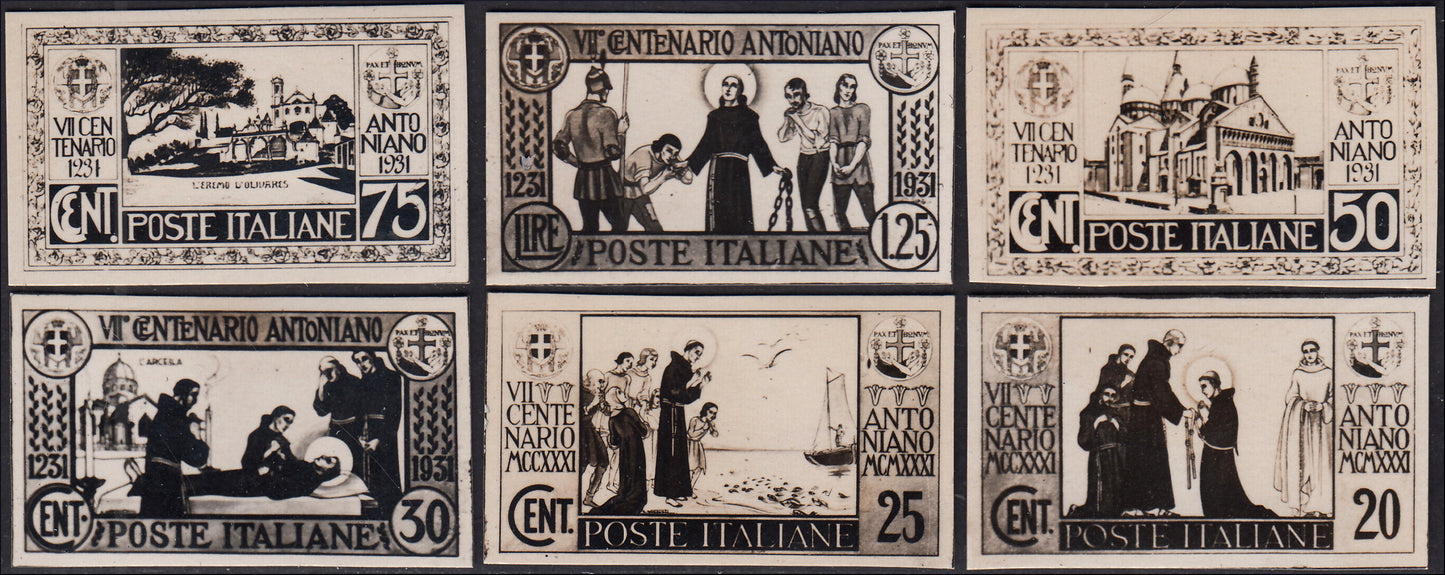 PP1063 - 1931 - Sant'Antonio, sei saggi del c. 20, c. 25. c. 30, c. 50, c. 75 e L. 1,25 su carta fotografica, non dentellati con stampa in nero. Rari. (292/97 Saggi):