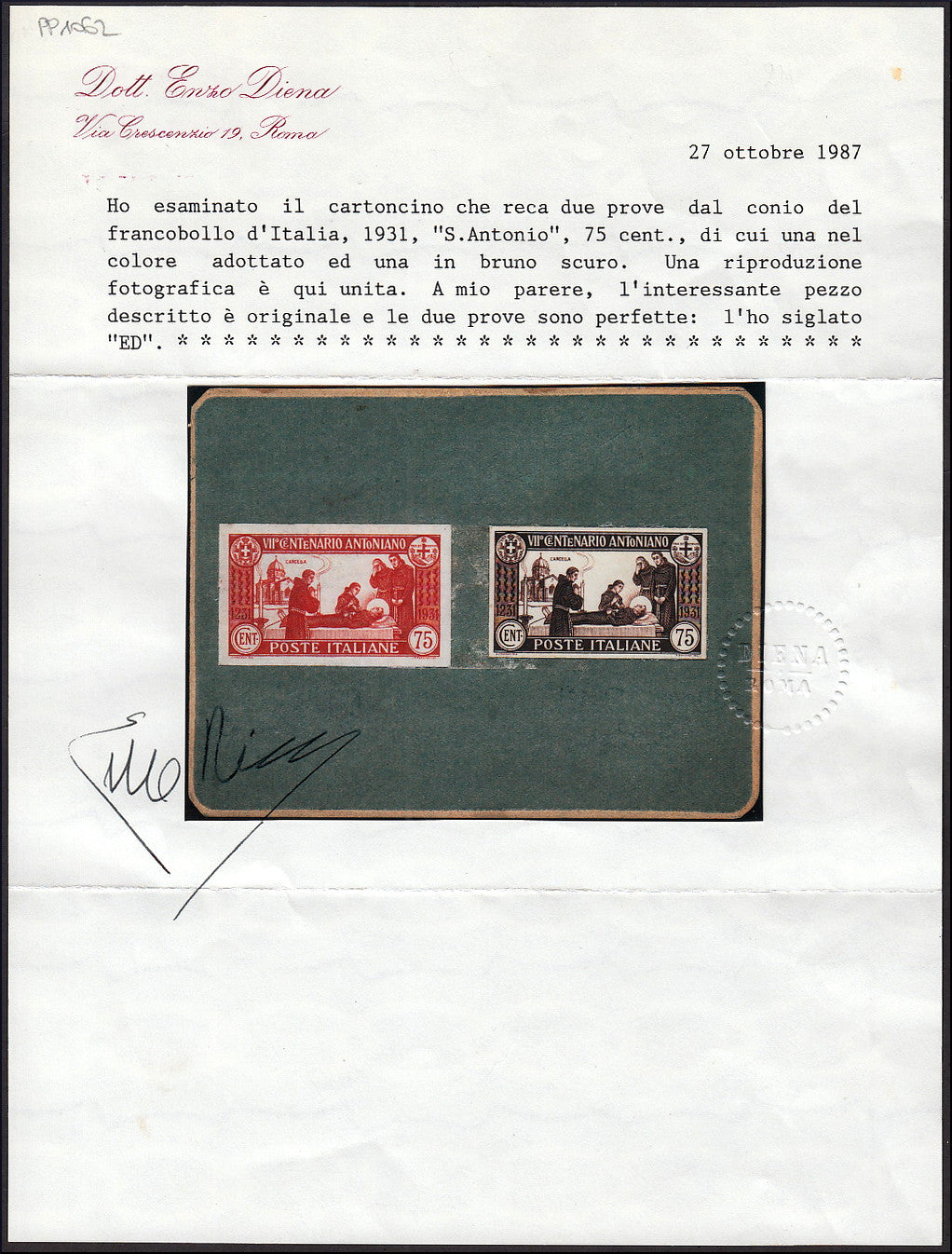 PP1062 - 1931 - Sant'Antonio, minting proof of c. 75 in carmine and red-brown, not perforated and applied on demonstration cardboard. (296 essay).