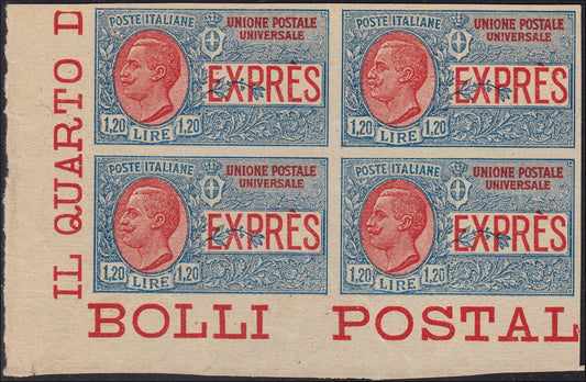 PP1056 - 1922 - L. 1,20 azzurro e rosso, prova di macchina proveniente dall'unico foglio noto di 50 esemplari, blocco di quattro esemplari nuovo non gommato. Splendido. (E8, prova).