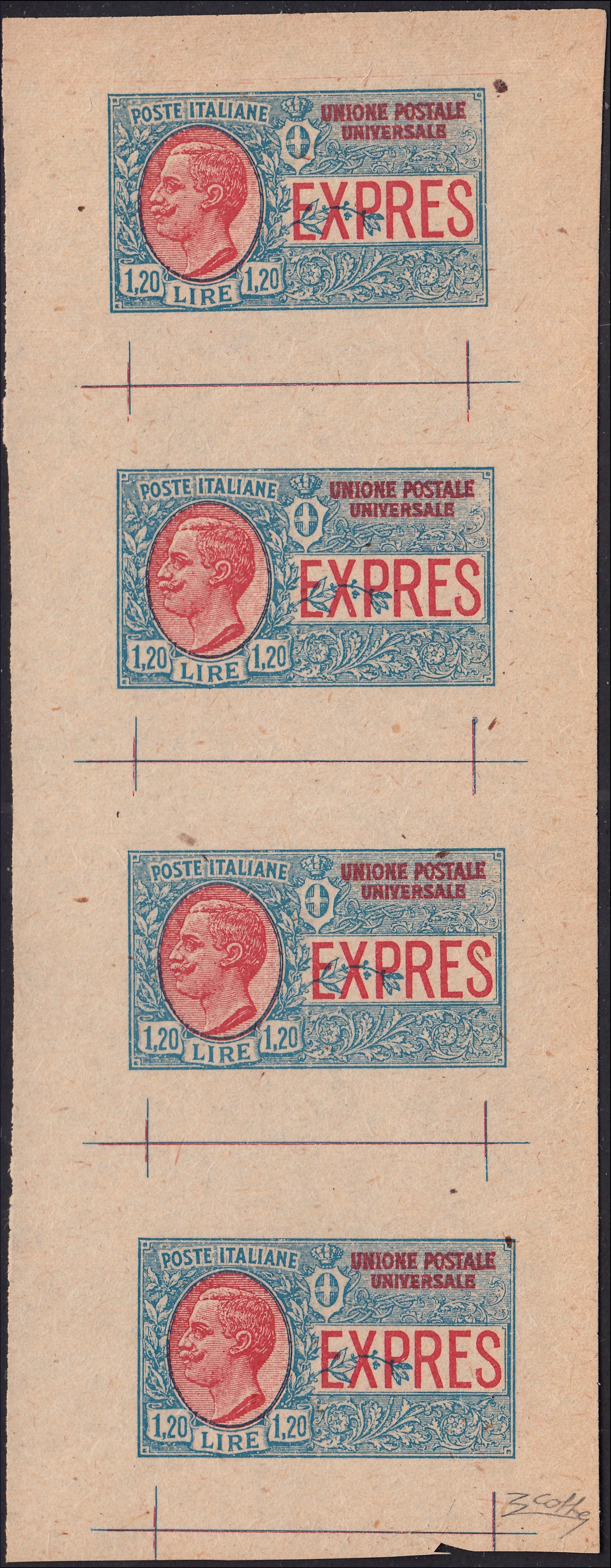 PP1064 - 1922 - L. 1.20 light blue and red, proof sheet on greyish paper and without watermark, (E8, proof).