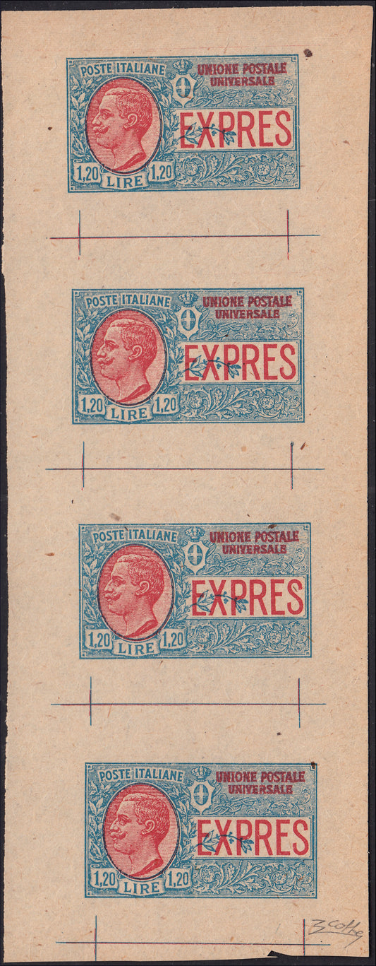 PP1056 - 1922 - L. 1,20 azzurro e rosso, foglietto di prova su carta grigiasta e senza filigrana, (E8, prova).