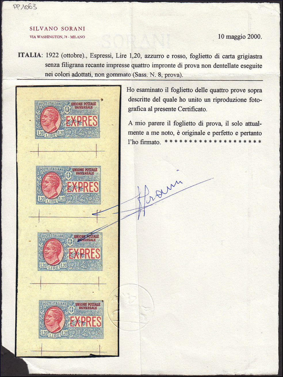 PP1056 - 1922 - L. 1.20 light blue and red, proof sheet on greyish paper and without watermark, (E8, proof).