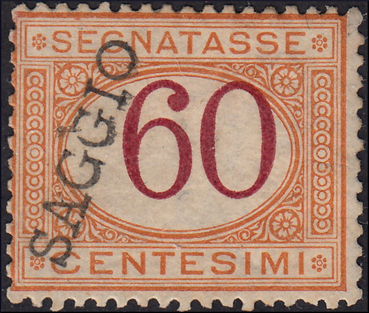 PP1054 - 1870/74 - Segnatasse di Regno c. 60 ocra e carminio con soprastampa SAGGIO, nuovo con piena gomma originale, (10).