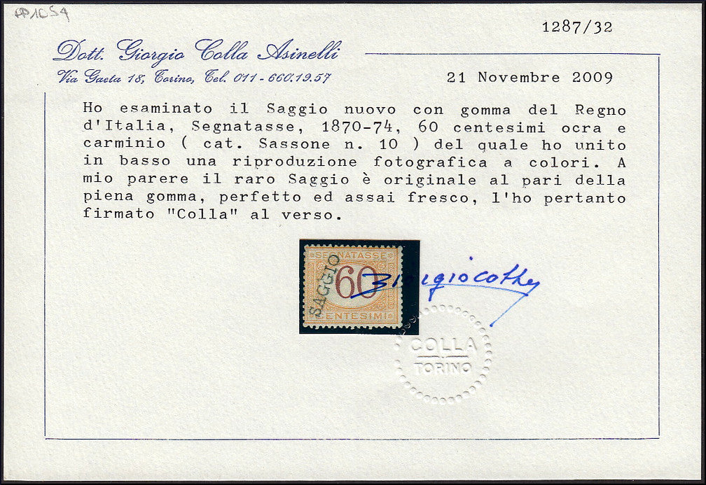 PP1054 - 1870/74 - Segnatasse di Regno c. 60 ocra e carminio con soprastampa SAGGIO, nuovo con piena gomma originale, (10).