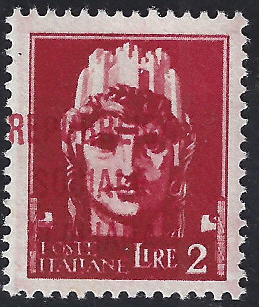 F6-185 - 1944 - Imperiale L. 2 carmine with "m" type overprint in red strongly shifted to the left, new with intact rubber. (P22bac).
