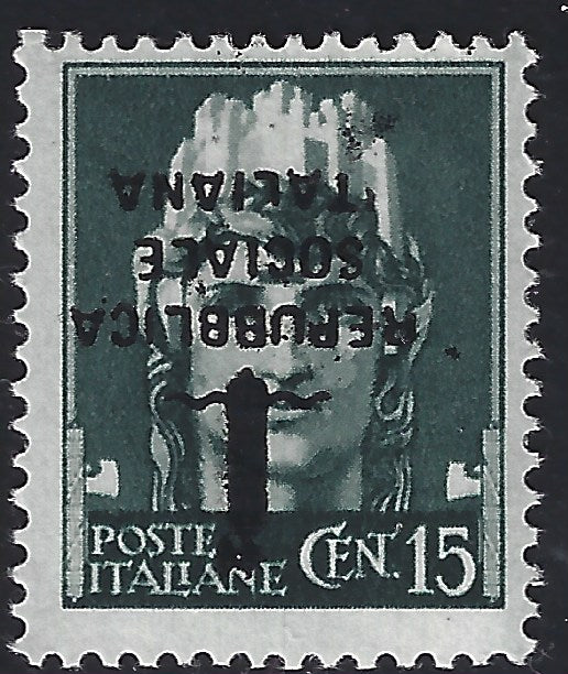 F6_186 - 1944 - Imperiale c. 15 gray green with upside down "k" type overprint, new with intact gum. (P26a).