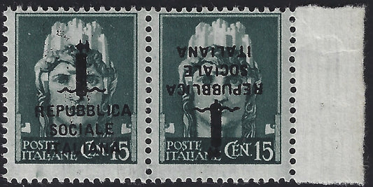 F6_187 - 1944 - Imperiale c. 15 green gray horizontal pair with "k" type overprint, one copy upright and one upside down, new with intact gum. (P26b).