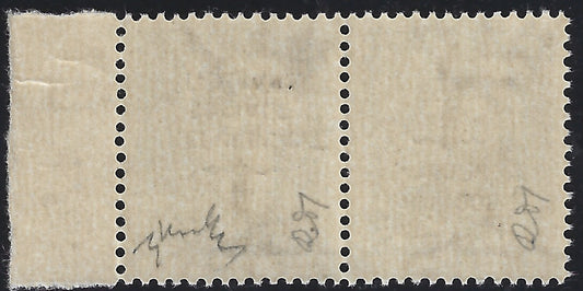 F6_187 - 1944 - Imperiale c. 15 green gray horizontal pair with "k" type overprint, one copy upright and one upside down, new with intact gum. (P26b).