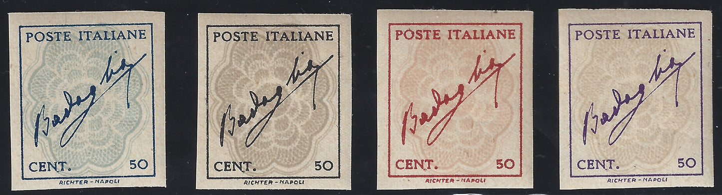 FF226 - 1944 - Firma di Badoglio in cornice e fondo di sicurezza 50 centesimi azzurro e celeste, nero e grigio, rosso e bistro, violetto e grigio bruno non dentellati e con gomma integra, senza filigrana. (515F/515I).