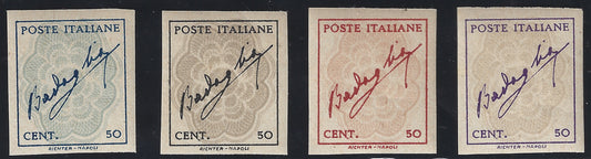 FF226 - 1944 - Firma di Badoglio in cornice e fondo di sicurezza 50 centesimi azzurro e celeste, nero e grigio, rosso e bistro, violetto e grigio bruno non dentellati e con gomma integra, senza filigrana. (515F/515I).