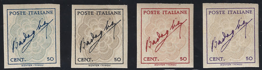 FF226 - 1944 - Badoglio's signature in frame and safety background 50 cents light blue and light blue, black and grey, red and bistro, violet and brown grey, not perforated and with intact gum, without watermark. (515F/515I).