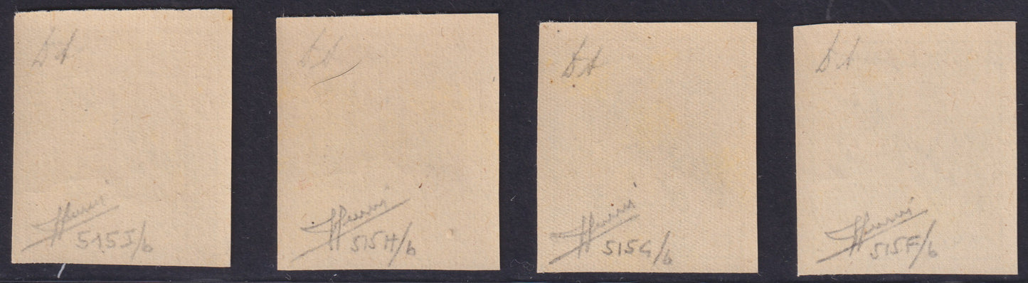 FF226 - 1944 - Firma di Badoglio in cornice e fondo di sicurezza 50 centesimi azzurro e celeste, nero e grigio, rosso e bistro, violetto e grigio bruno non dentellati e con gomma integra, senza filigrana. (515F/515I).