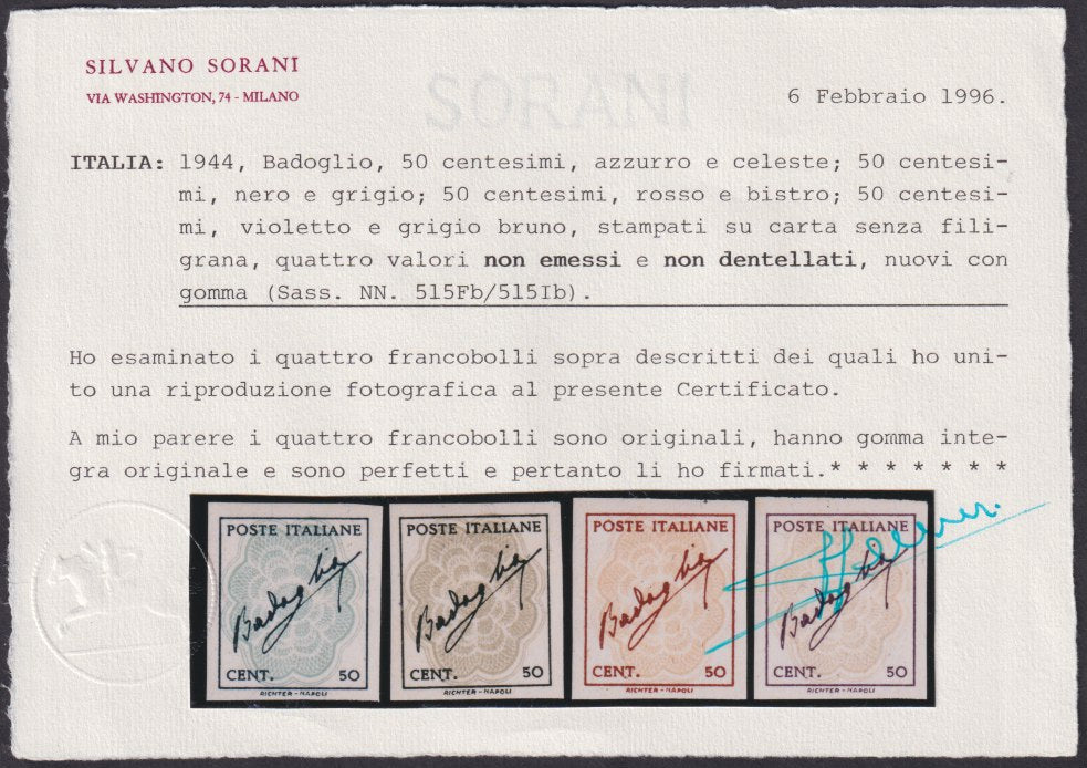 FF226 - 1944 - Firma di Badoglio in cornice e fondo di sicurezza 50 centesimi azzurro e celeste, nero e grigio, rosso e bistro, violetto e grigio bruno non dentellati e con gomma integra, senza filigrana. (515F/515I).