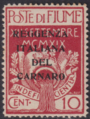 V137 - 1920 - Legionaries of Fiume with overprint REGGENZA ITALIANA DEL CARNARO trial, c. 5 new green with original tire (P133)