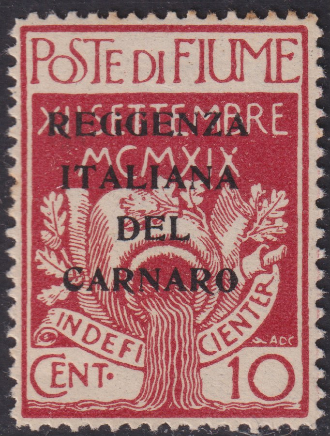F6_204 - 1920 - Legionari di Fiume con soprastampa REGGENZA ITALIANA DEL CARNARO di prova, c. 10 carminio nuovo con gomma originale (P127)