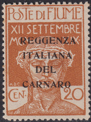 V137 - 1920 - Legionaries of Fiume with overprint REGGENZA ITALIANA DEL CARNARO trial, c. 5 new green with original tire (P133)