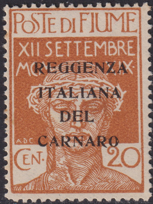 V137 - 1920 - Legionaries of Fiume with overprint REGGENZA ITALIANA DEL CARNARO trial, c. 5 new green with original tire (P133)