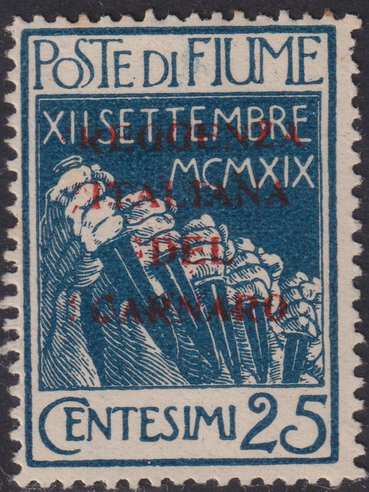 V137 - 1920 - Legionaries of Fiume with overprint REGGENZA ITALIANA DEL CARNARO trial, c. 5 new green with original tire (P133)