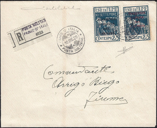 F6_207 - 1920 - Legionaries, overprint proof "Italian Regency of Carnaro" sent to Commander Arrigo Biego