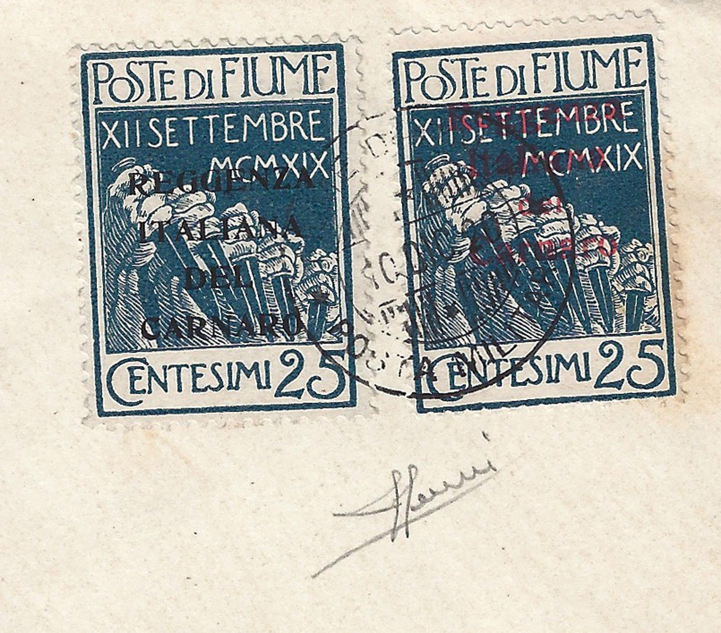 F6_207 - 1920 - Legionaries, overprint proof "Italian Regency of Carnaro" sent to Commander Arrigo Biego