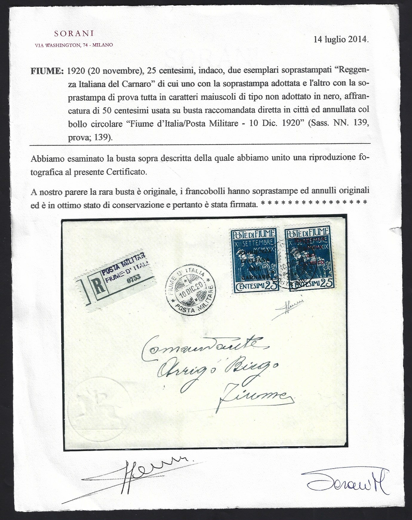 F6_207 - 1920 - Legionari, prova di soprastampa "Reggenza Italiana del Carnaro" spedita al Comandante Arrigo Biego