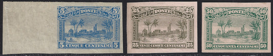 F6_214 - 1898 - Lithographic proofs for local stamps for use by the Anglo-Italian Consular Post service between Mazagan and Marrakech, 5c. Ultramarine on thin paper, 25c. Olive green and 50c. Myrtle green on pink cardboard, new, not gummed.