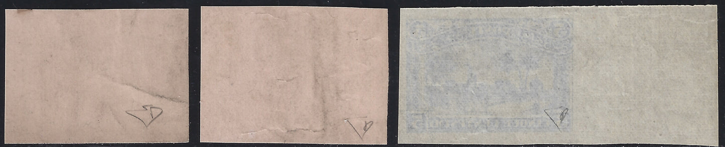 F6_214 - 1898 - Lithographic proofs for local stamps for use by the Anglo-Italian Consular Post service between Mazagan and Marrakech, 5c. Ultramarine on thin paper, 25c. Olive green and 50c. Myrtle green on pink cardboard, new, not gummed.