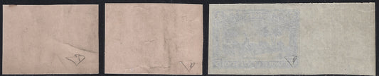 F6_214 - 1898 - Prove litografiche per i francobolli locali ad uso del servizio della Posta Consolare Anglo-Italiana tra Mazagan e Marrakech, 5c. Oltremare su carta sottile, 25c. Verde oliva e 50c. Verde mirto su cartoncino rosaceo, nuovi non gommati.
