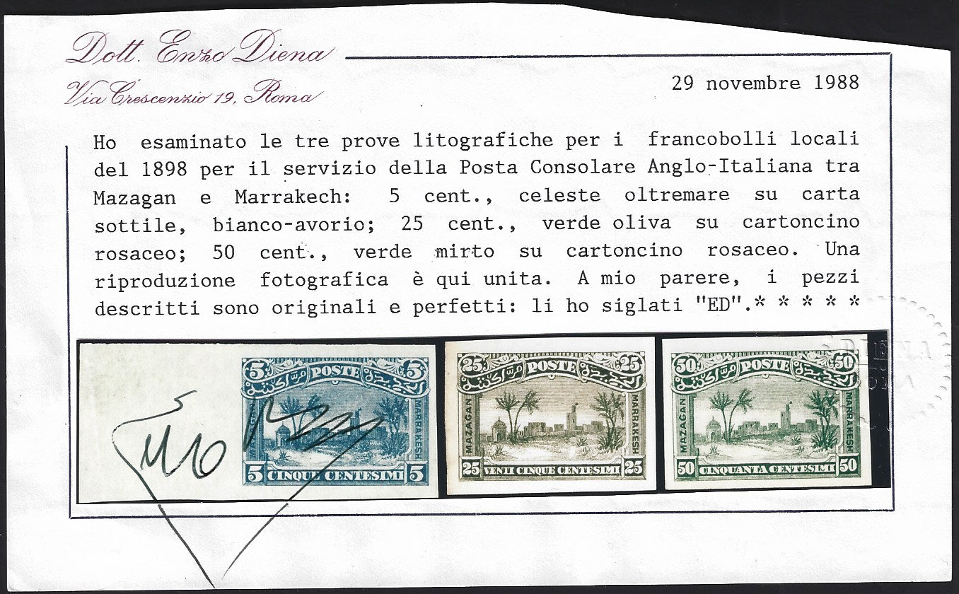 F6_214 - 1898 - Lithographic proofs for local stamps for use by the Anglo-Italian Consular Post service between Mazagan and Marrakech, 5c. Ultramarine on thin paper, 25c. Olive green and 50c. Myrtle green on pink cardboard, new, not gummed.