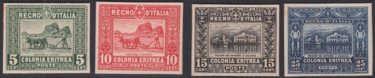 PP769 - 1910/14 - Colonia Eritrea, Soggetti africani in stampa calcografica, prove di conio montate su cartoncino per la presentazione dei quattro valori emessi (P34/P37).