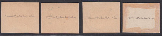 PP769 - 1910/14 - Colonia Eritrea, Soggetti africani in stampa calcografica, prove di conio montate su cartoncino per la presentazione dei quattro valori emessi (P34/P37).