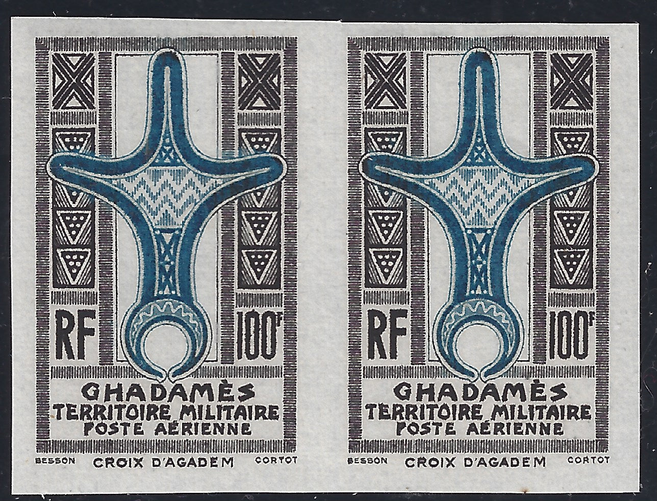 FF19 - 1949 - Military Territory of Ghadames, unperforated proofs in different colors of the gray and light blue 100 Francs, new horizontal pair with intact rubber (A6/IH). Diena certified.