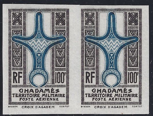 FF19 - 1949 - Territorio Militare del Ghadames, prove non dentellate in colori differenti del 100 Franchi grigio e azzurro, coppia orizzontale nuova con gomma integra (A6/IH). Certificato Diena.