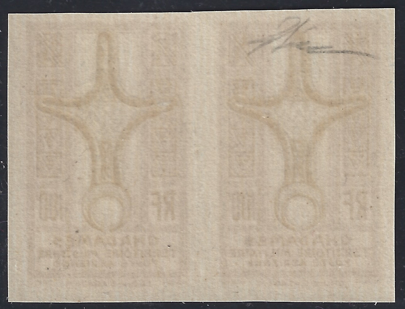 FF19 - 1949 - Military Territory of Ghadames, unperforated proofs in different colors of the gray and light blue 100 Francs, new horizontal pair with intact rubber (A6/IH). Diena certified.