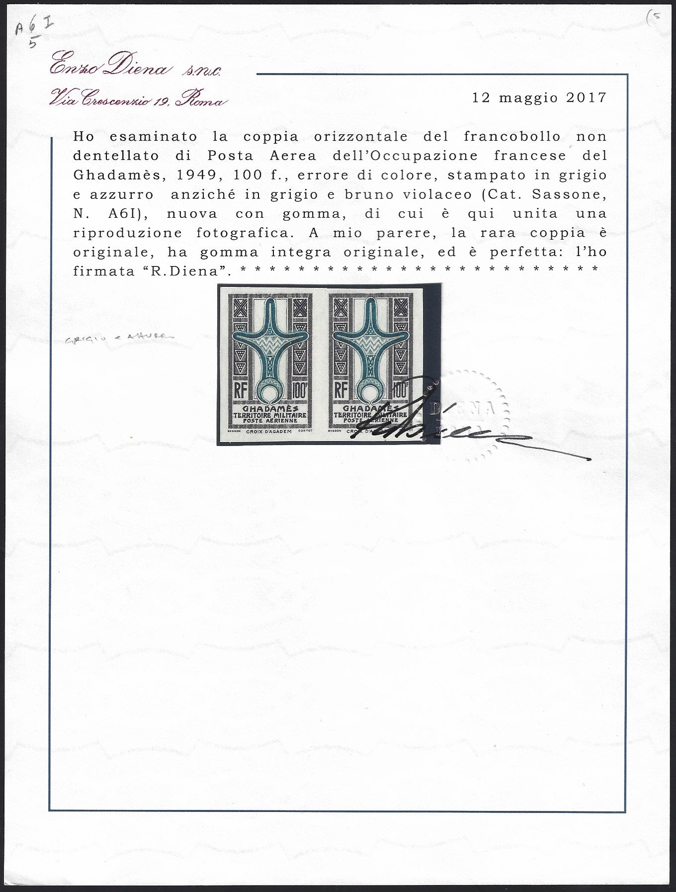 FF19 - 1949 - Territorio Militare del Ghadames, prove non dentellate in colori differenti del 100 Franchi grigio e azzurro, coppia orizzontale nuova con gomma integra (A6/IH). Certificato Diena.