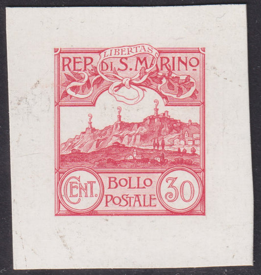 F6_226 - 1903 - View of San Marino, c. 30 deluxe carmine proof on new glossy cardstock without gumming (P39).