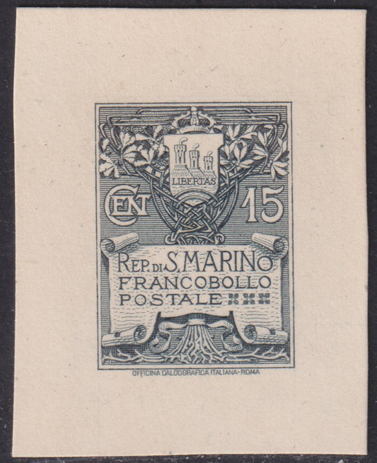 F6_227 - 1910 - View of San Marino, c. 15 deluxe proof slate on ivory yellow cardstock new not gummed (P50).