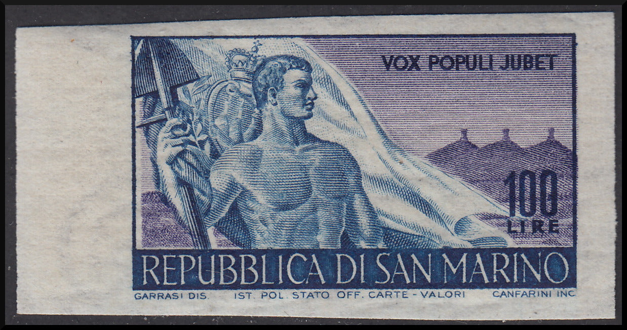 F6_228 - 1948 - Work, 100 lire light blue and non-perforated flap, new with intact gum (340a).