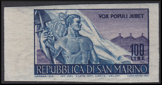 F6_228 - 1948 - Lavoro, 100 lire azzurro e voletto non dentellato, nuovo con gomma integra (340a).