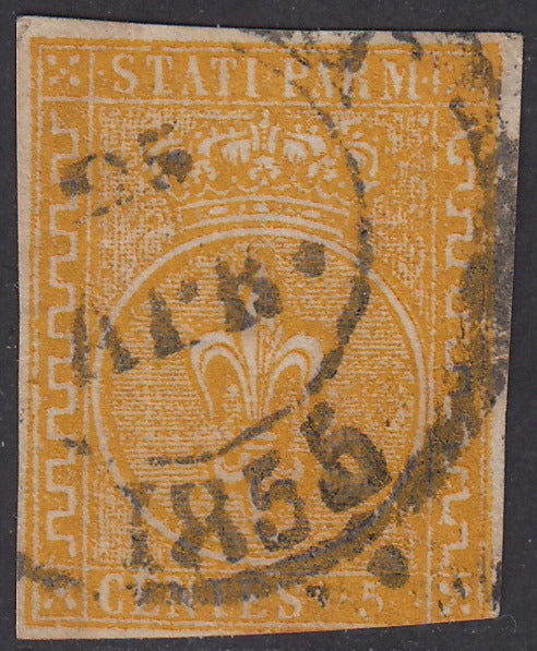 PV1155 - 1859 -  I emissione c. 5 giallo +  III emissione c. 15 vermiglio usati con il cerchio di Parma 29/7/59, periodo di Governo Provvisorio (1+9).