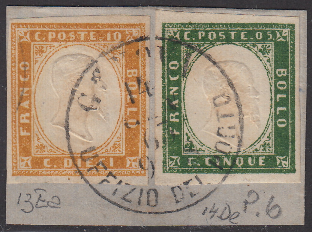 FF284 -  1863 - Frammento affrancato con c. 5 verde IV composizione + c. 10 bistro II tavola, usati con il c.s. con rosetta di PALLANZA 23/10/63 (13Ea + 14E).