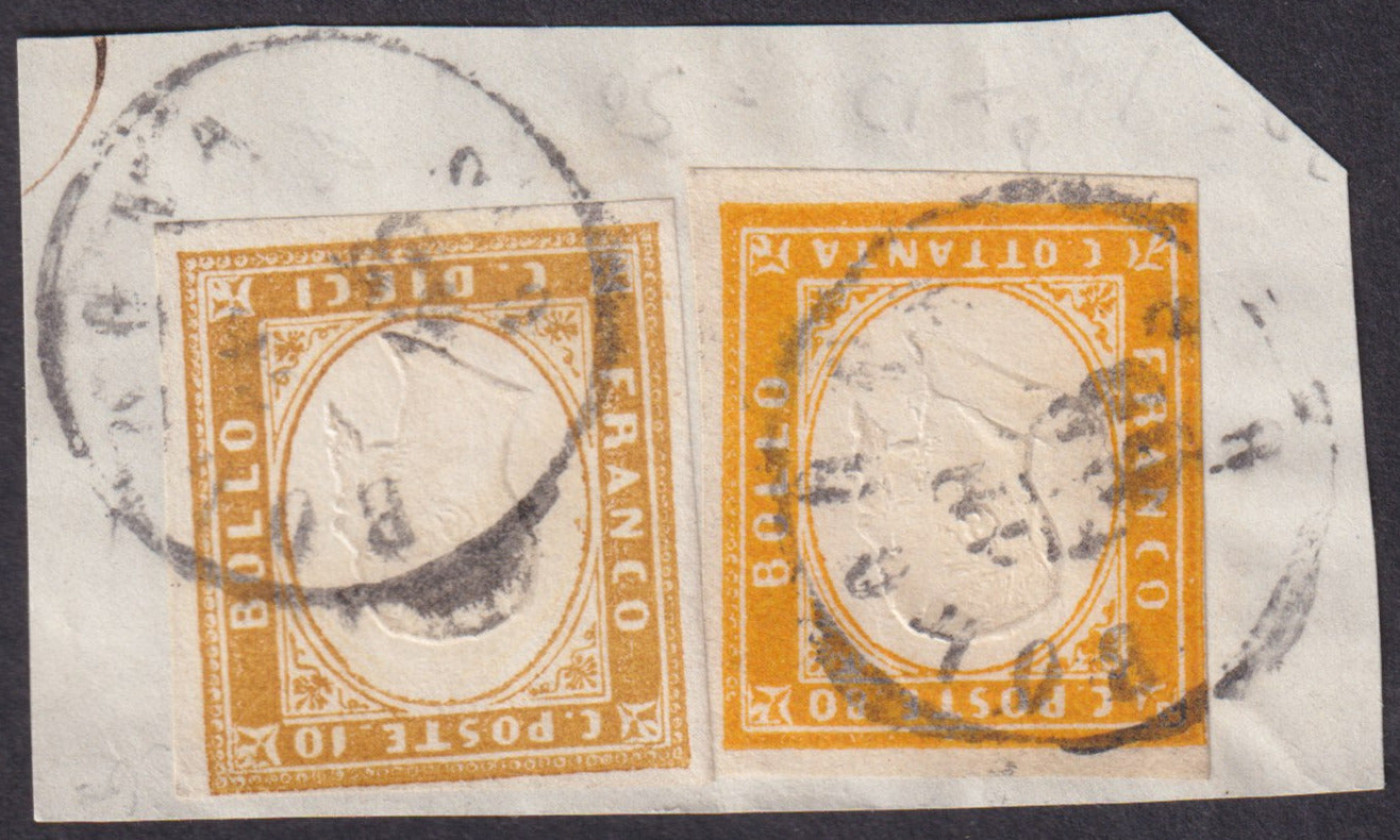 Sard76 - 1861 - Frammento affrancato con c. 10 bistro arancio II tavola + c. 80 arancio carico usati con annulli di Bologna (14Df + 17D).